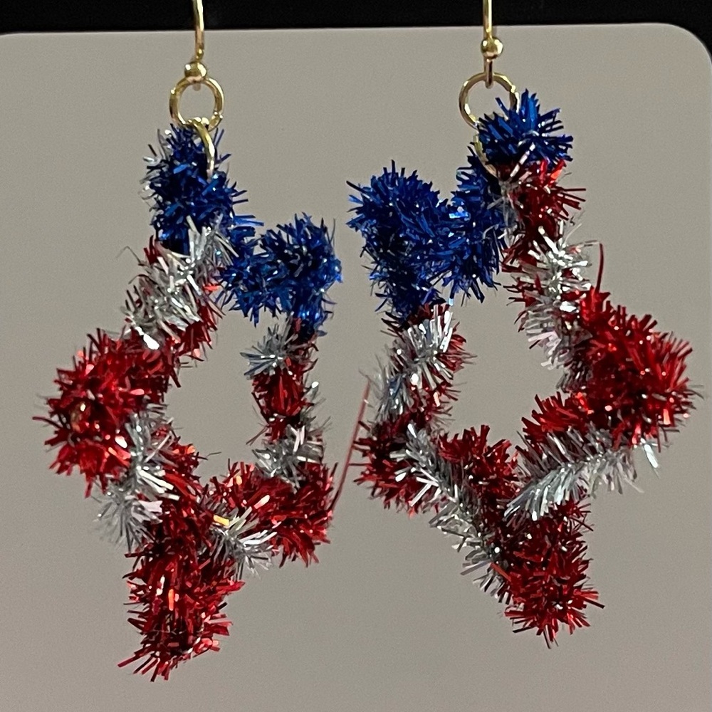 NEW Red, Blue, and Silver Tinsel Star Earrings
